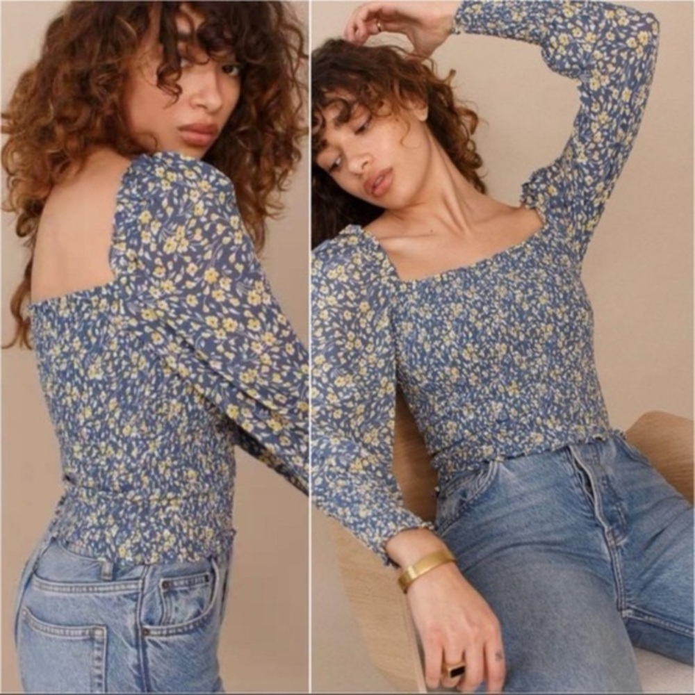 Reformation Women's Blue Yellow Floral Pinto Smocked Long Sleeve Top Size Small